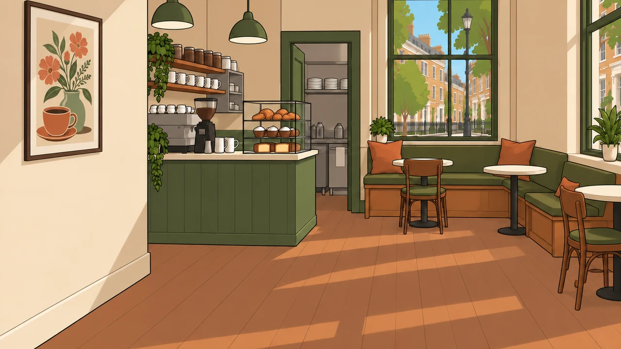 The illustrated café interior, with green counters and warm afternoon light.