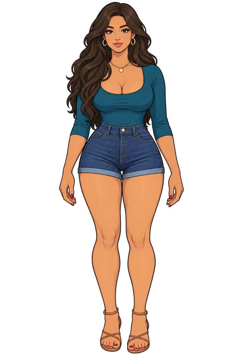Priya in a teal top and dark shorts.