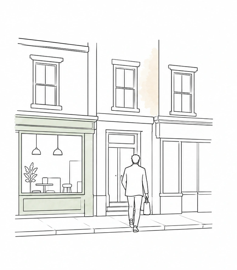 A traveller arriving on a quiet London street.